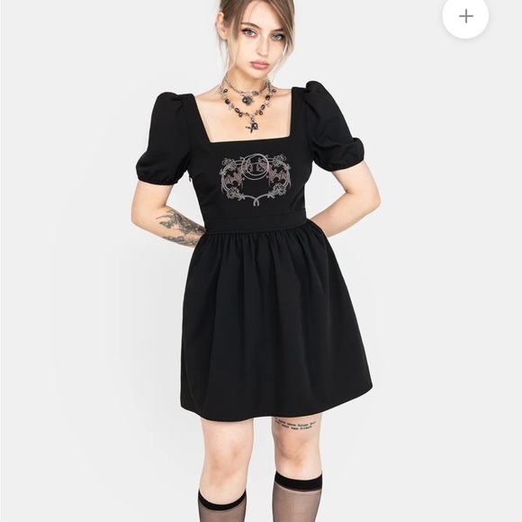 Disturbia Dresses & Skirts - Disturbia Black Vampyrum Bat Embroidered Puff Sleeve Babydoll Mini Dress NWT 8